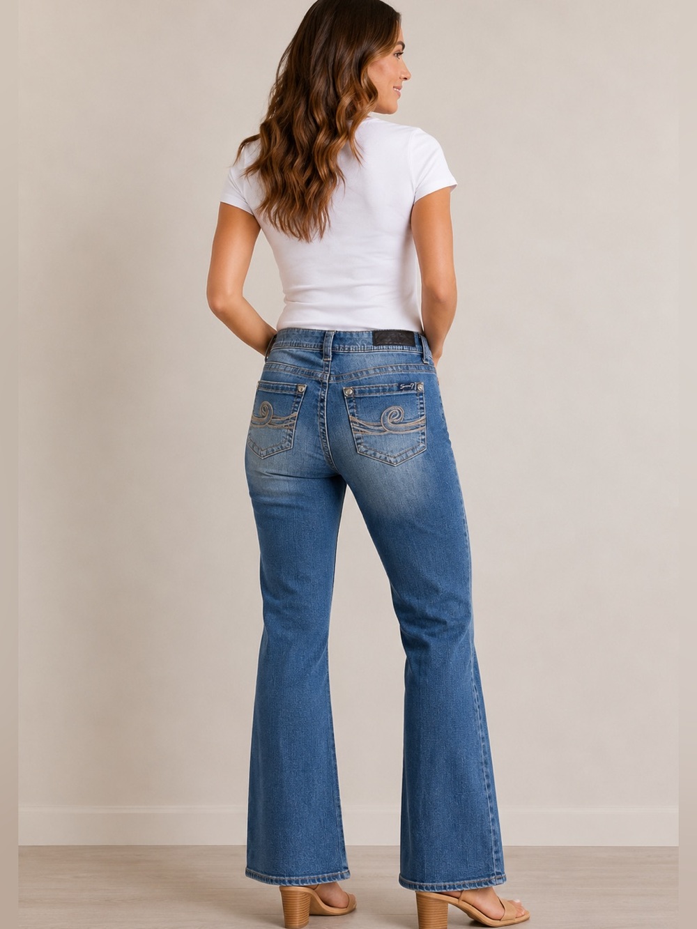 Seven7 Women's Medium Blue Bootcut Jeans with Embroidered Back Pockets